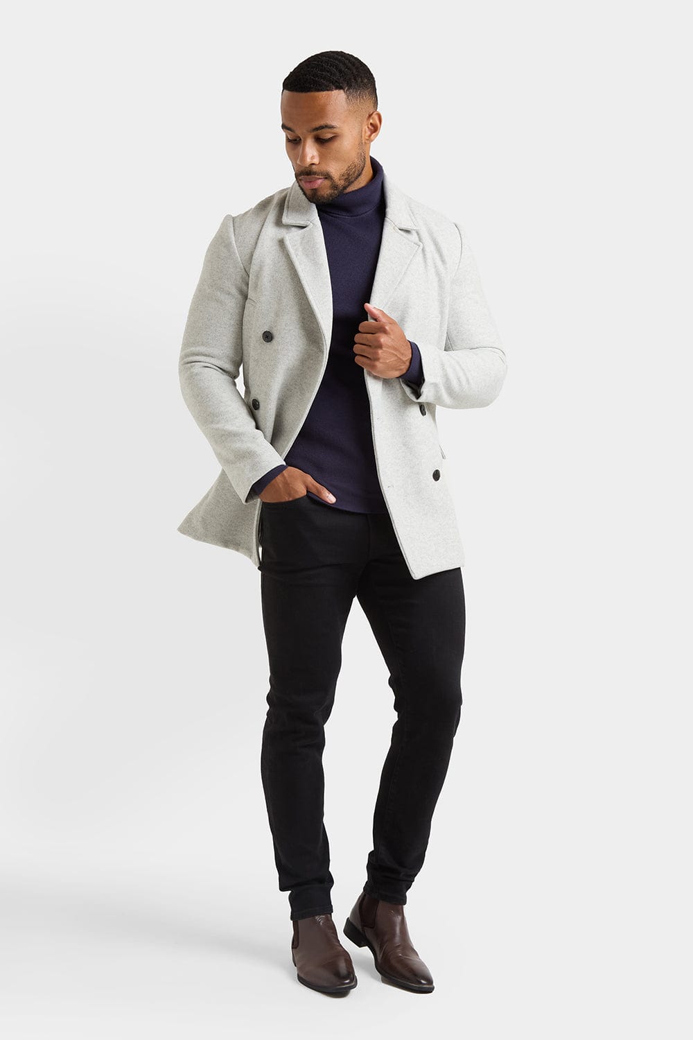 Men's grey double breasted peacoat hotsell