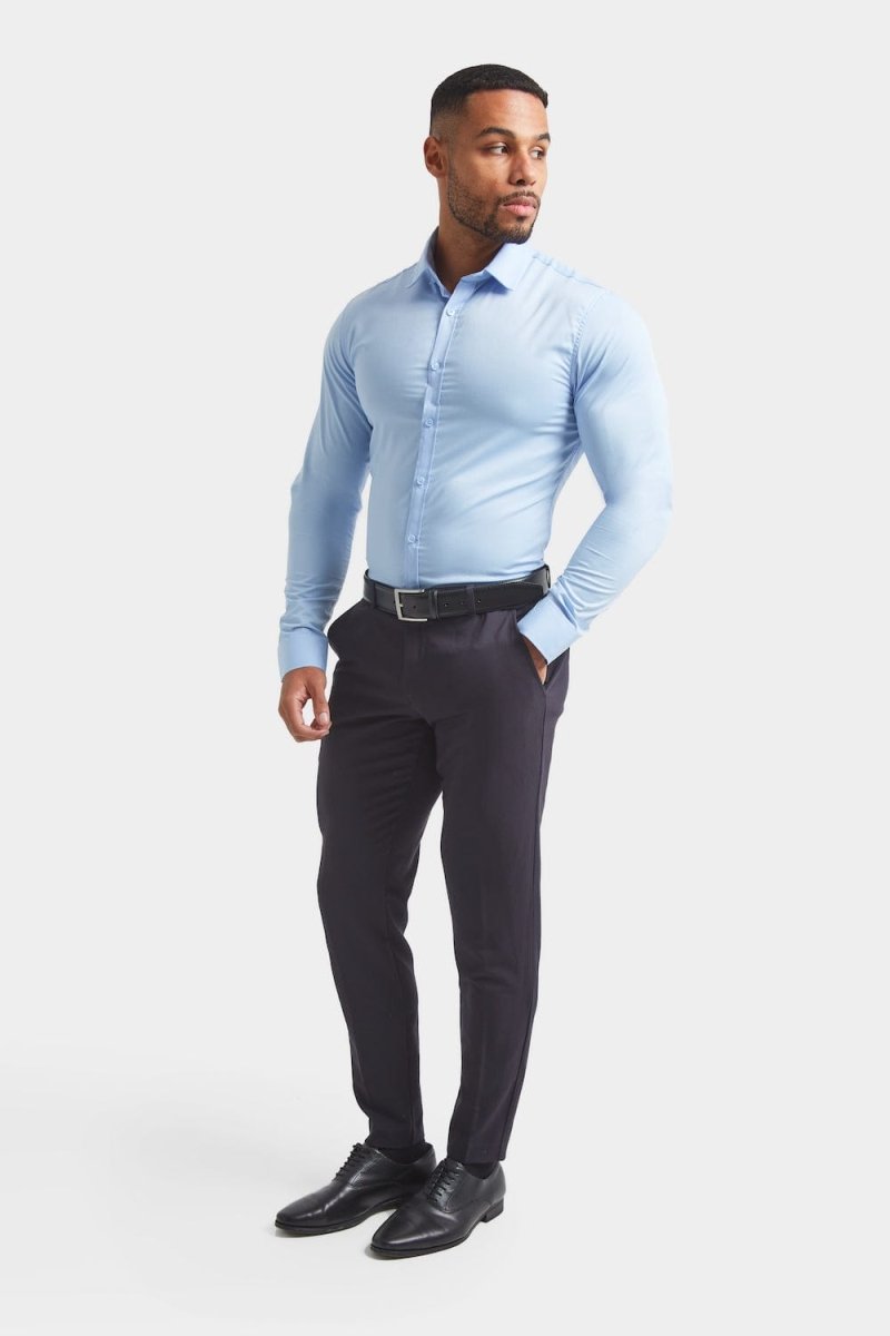 light blue dress shirt with navy pants White Pant Light Blue Shirt Organic Crew Neck T-Shirt Light Blue The Perfect Jean