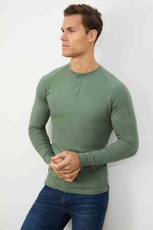 Long Sleeve Everyday Henley T-Shirt in Sage Green - TAILORED ATHLETE - USA