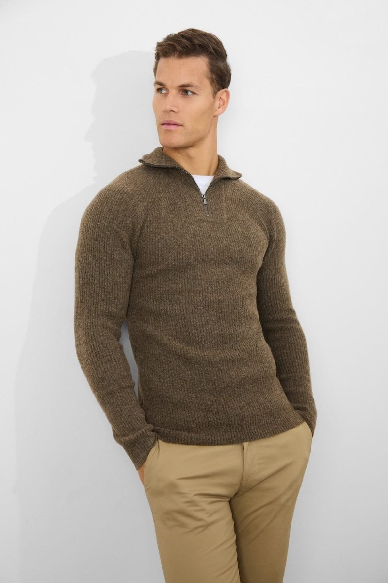 Fisherman Rib Quarter Zip in Soft Brown Fisherman Rib Quarter Zip in Soft Brown