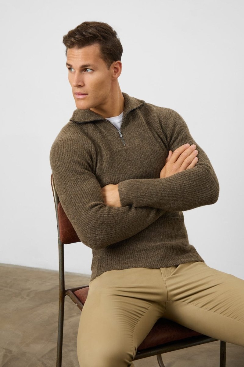 Fisherman Rib Quarter Zip in Soft Brown Fisherman Rib Quarter Zip in Soft Brown