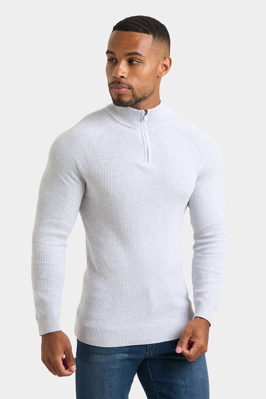 Fisherman Textured Half Zip Neck in Soft Grey Marl - TAILORED ATHLETE - USA