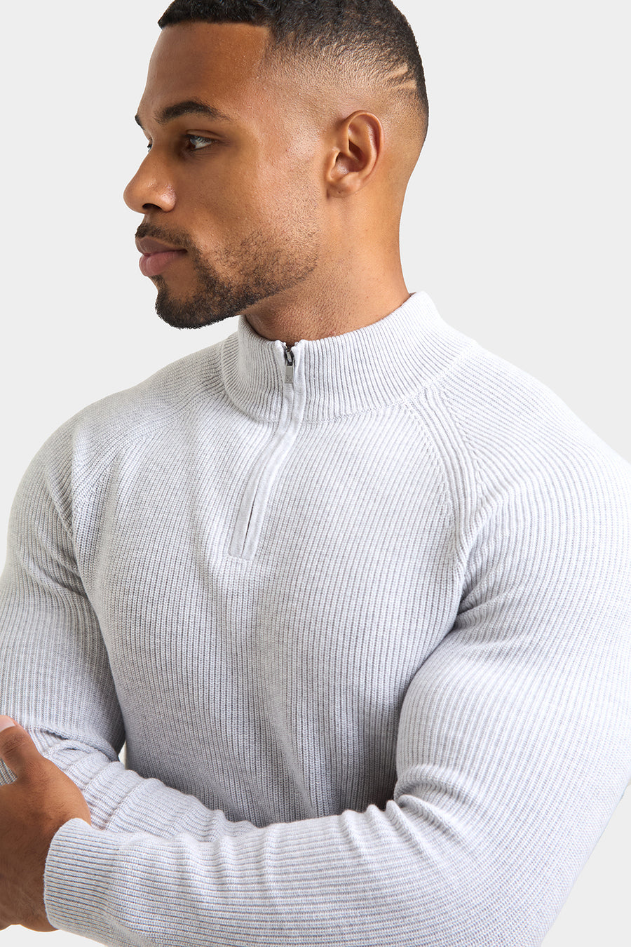 Fisherman Textured Half Zip Neck in Soft Grey Marl - TAILORED ATHLETE - USA