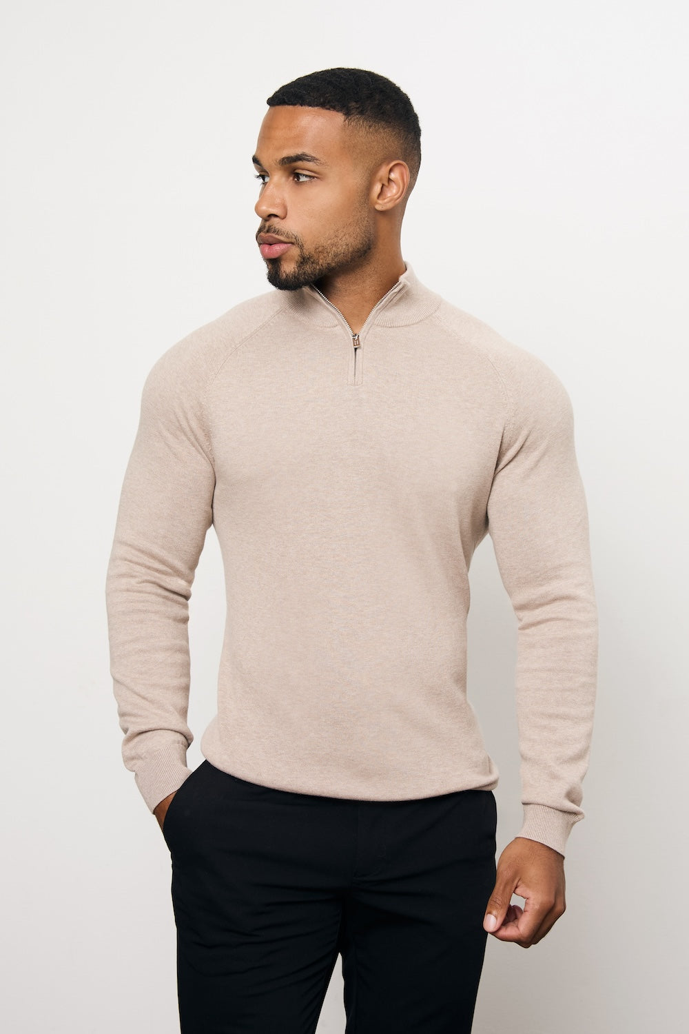 Pure Cotton Knitted Half Zip Neck Sweater in Neutral Marl
