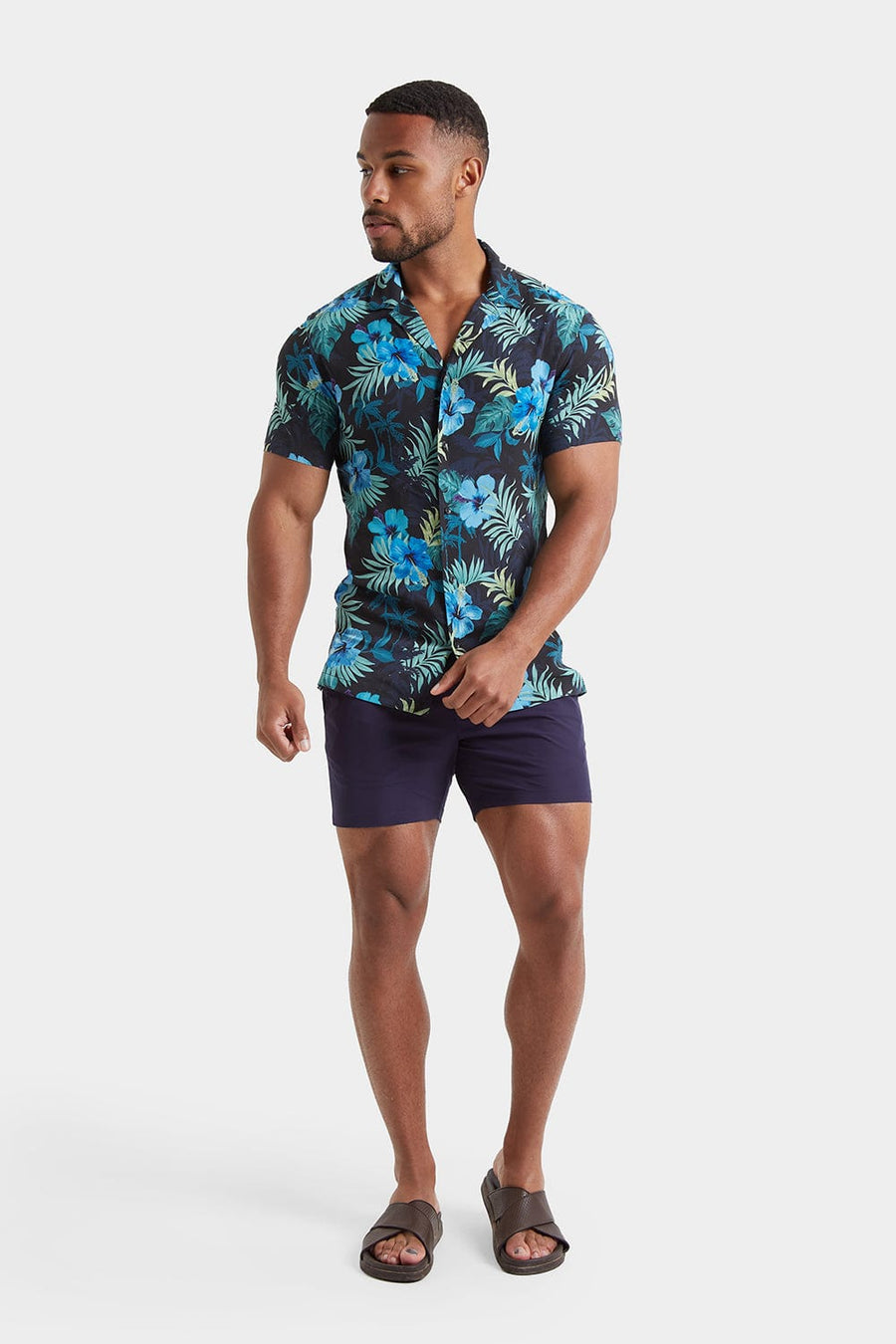 Printed Shirt in Navy Tropical Palms - TAILORED ATHLETE - USA