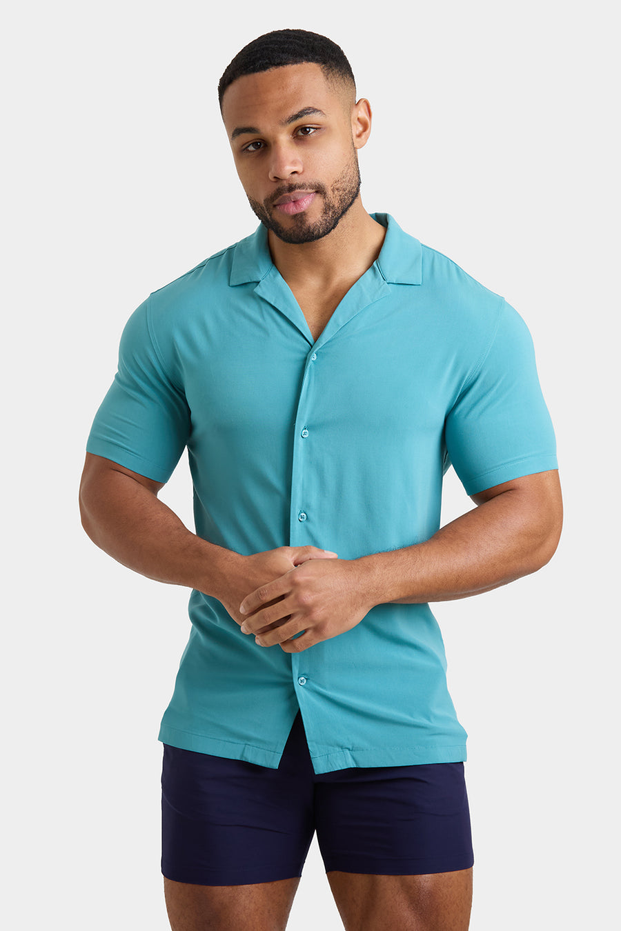 Athletic Fit Short Sleeve Viscose Shirt in Teal - TAILORED ATHLETE - USA