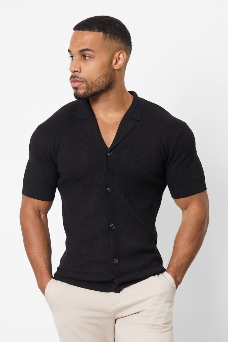 Jacquard Revere Collar Knitted Shirt in Black S