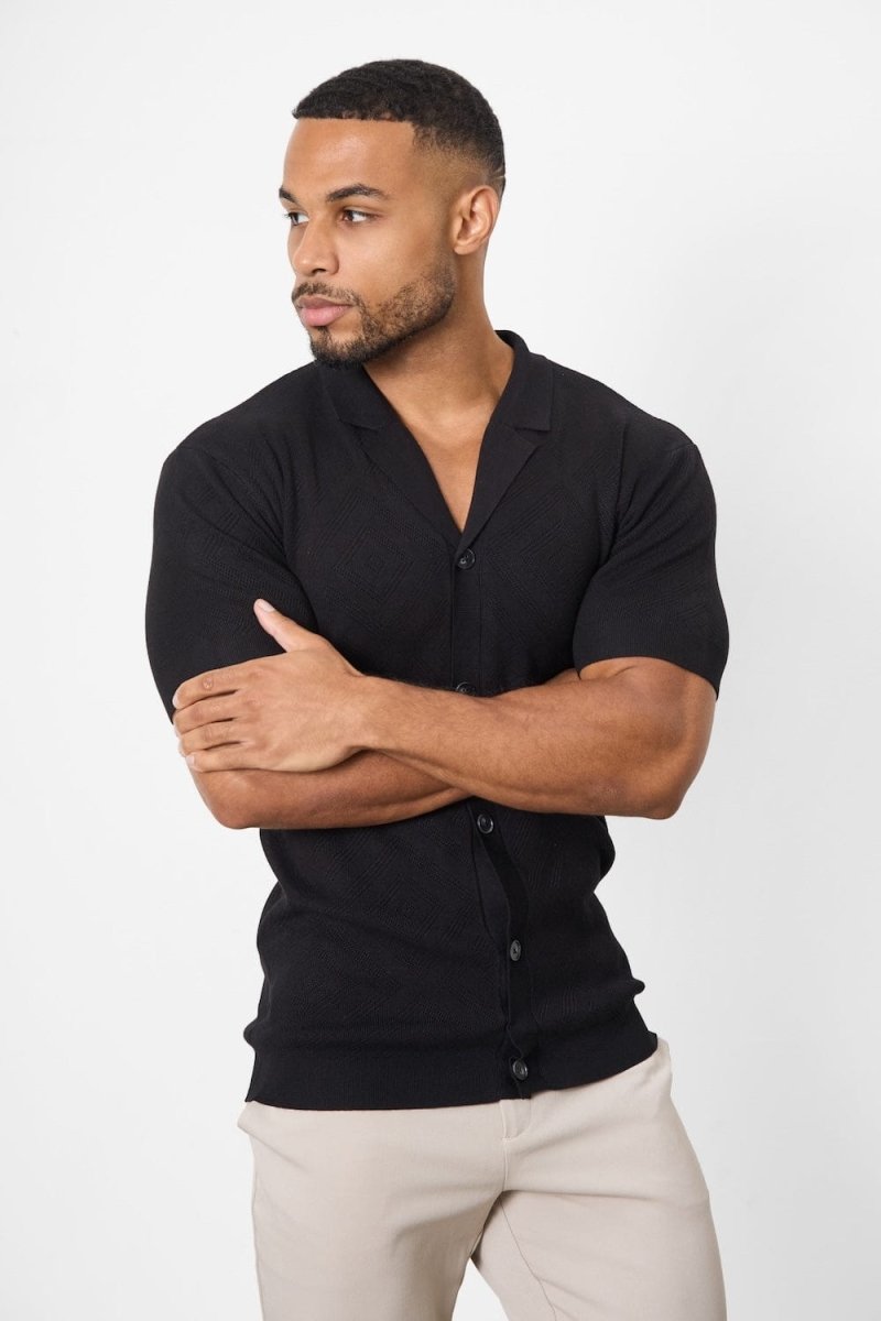 Jacquard Revere Collar Knitted Shirt in Black - TAILORED ATHLETE - USA