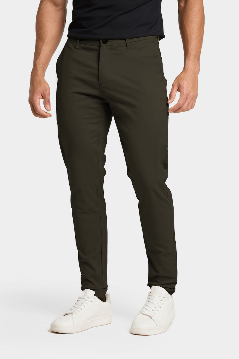 Athletic Fit Cotton Stretch Chino Pants in Dark Khaki 