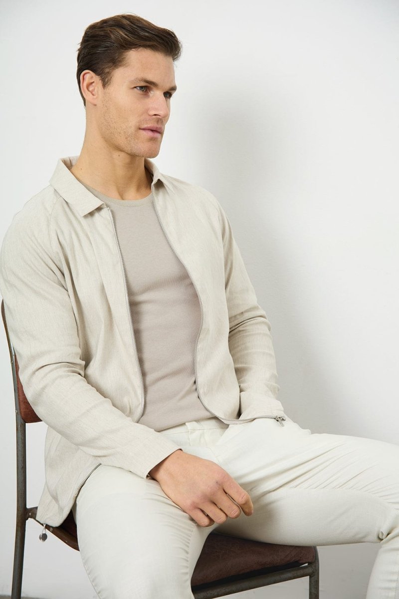 Stretch Linen Blend Zip Through Jacket in Oatmeal - TAILORED ATHLETE - USA