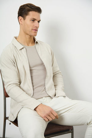 Linen Blend Zip Through Jacket in Oatmeal - TAILORED ATHLETE - USA