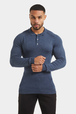 Knit Polo Shirt Long Sleeve in Denim Marl - TAILORED ATHLETE - USA