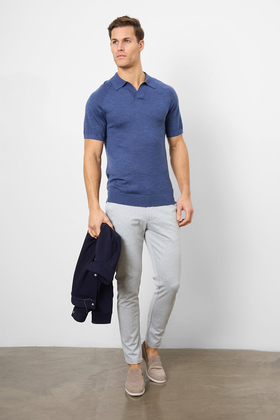 Merino Open Collar Polo Shirt in Airforce Marl - TAILORED ATHLETE - USA