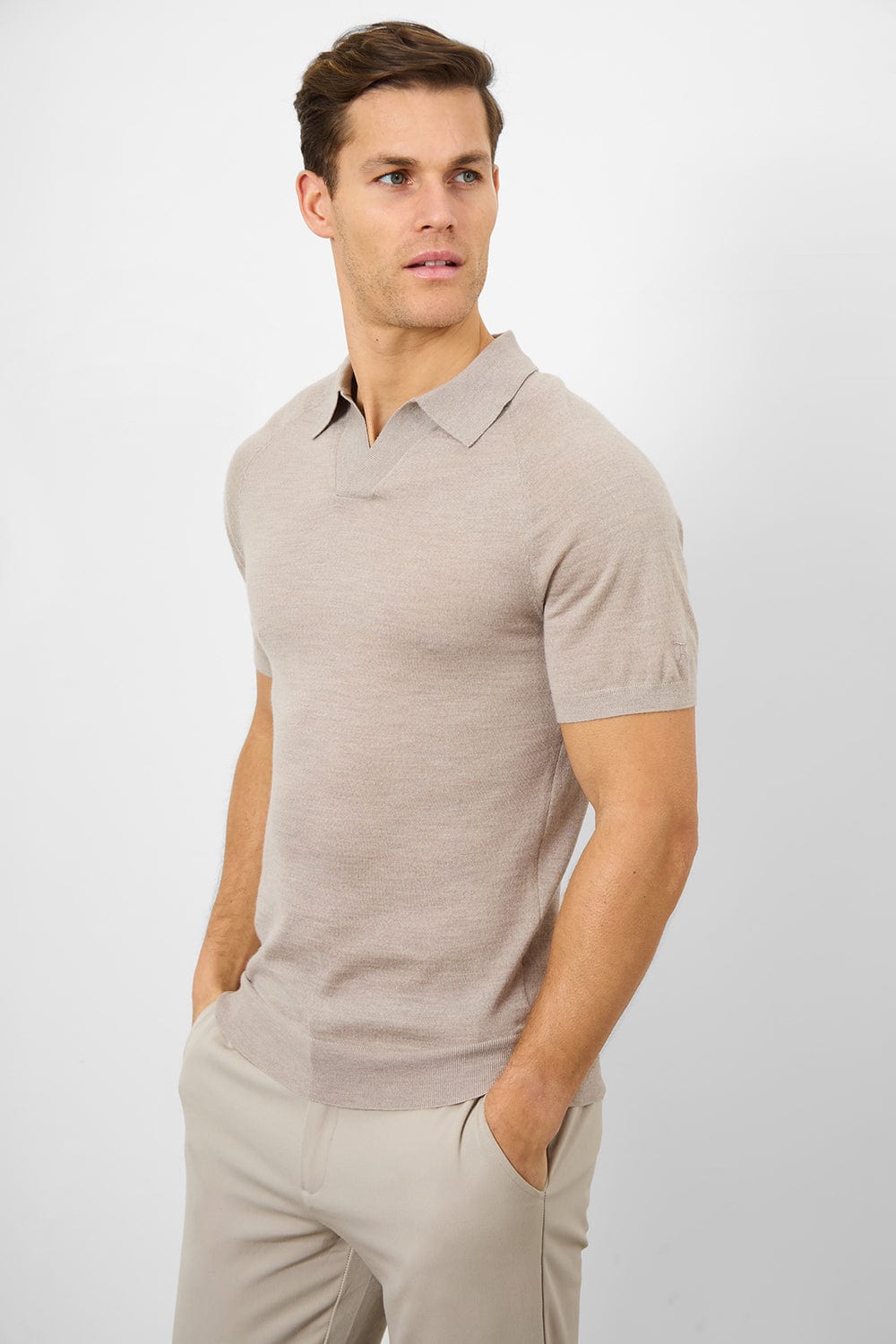 Merino Open Collar Polo Shirt in Wheat Marl - TAILORED ATHLETE - USA