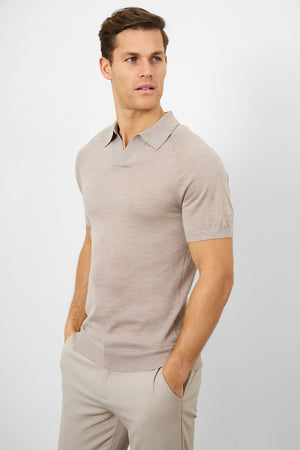 Merino Open Collar Polo Shirt in Wheat Marl - TAILORED ATHLETE - USA