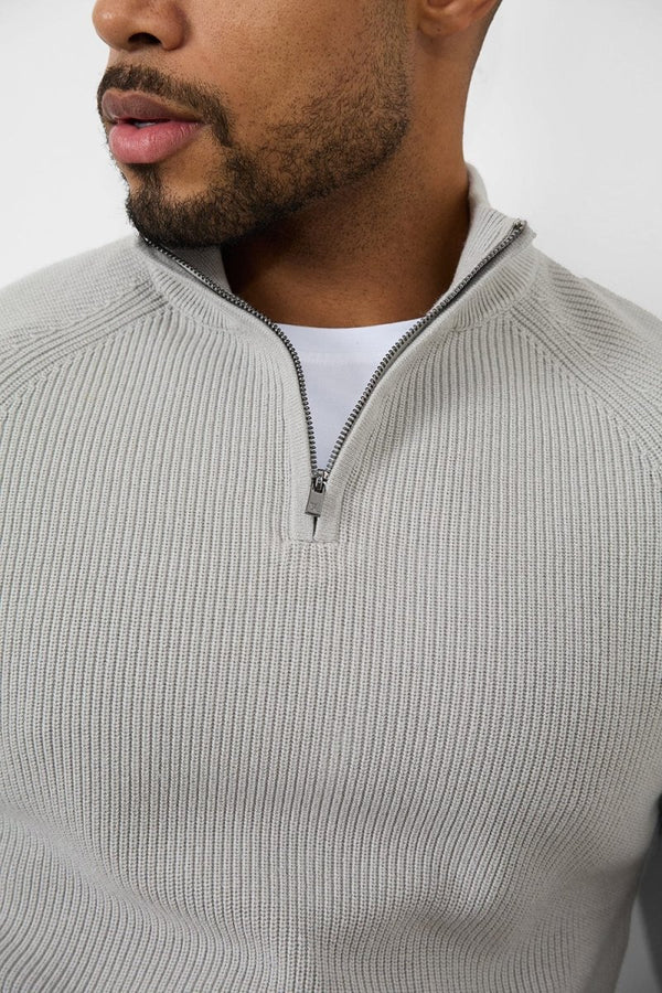 Fisherman Textured Half Zip Neck in Soft Grey