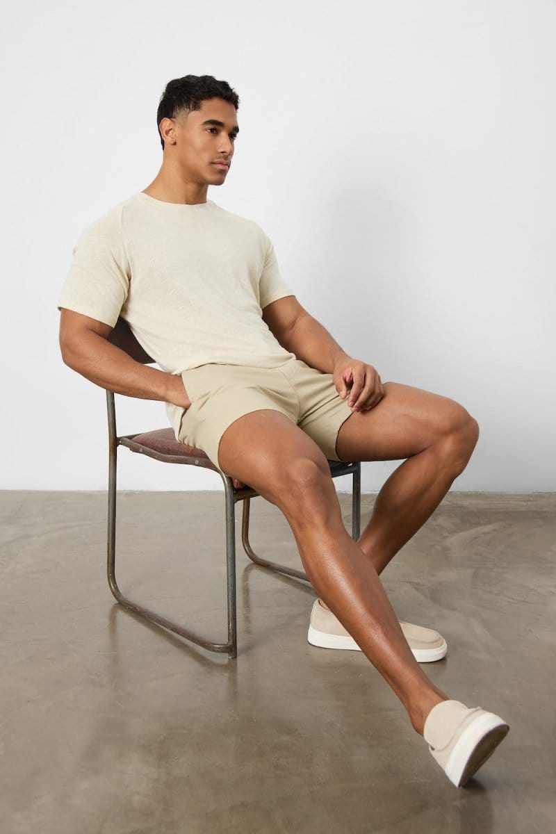 Stretch Linen Blend Knit Look T-shirt in Oatmeal - TAILORED ATHLETE - USA