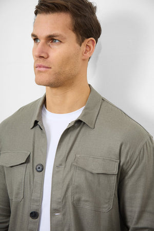 Linen Blend Pocket Overshirt in Mole - TAILORED ATHLETE - USA