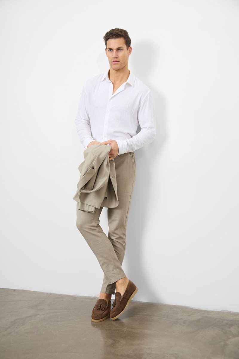Stretch Linen Blend Suit Pants in Dark Stone 36W 34L