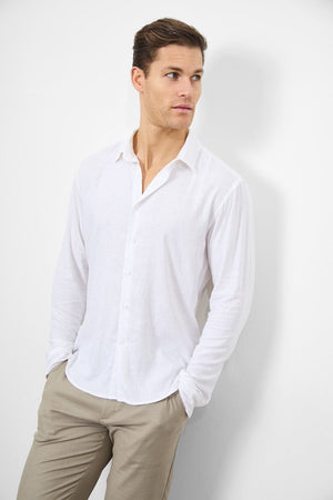 Linen Blend Button Through Shirt in White - TAILORED ATHLETE - USA