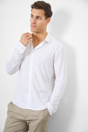 Linen Blend Button Through Shirt in White - TAILORED ATHLETE - USA