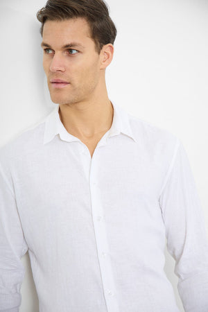 Linen Blend Button Through Shirt in White - TAILORED ATHLETE - USA