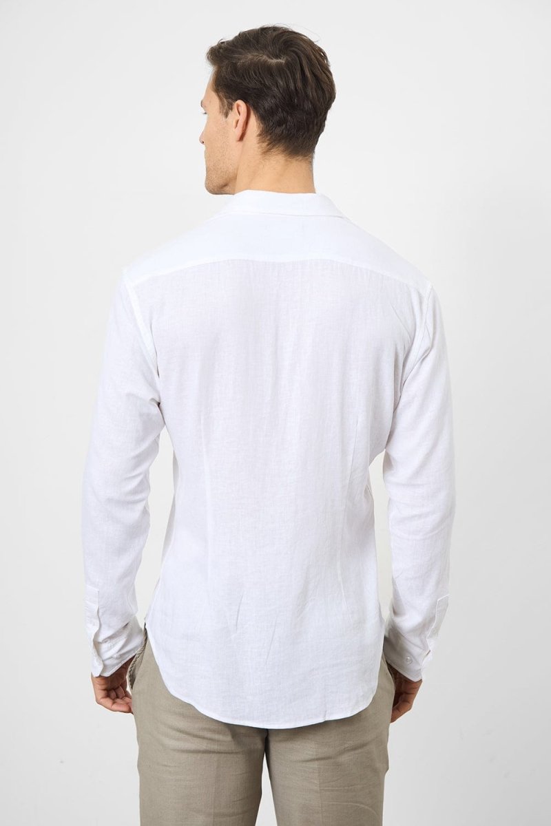 Stretch Linen Blend Button Through Shirt in White Stretch Linen Blend Button Through Shirt in White