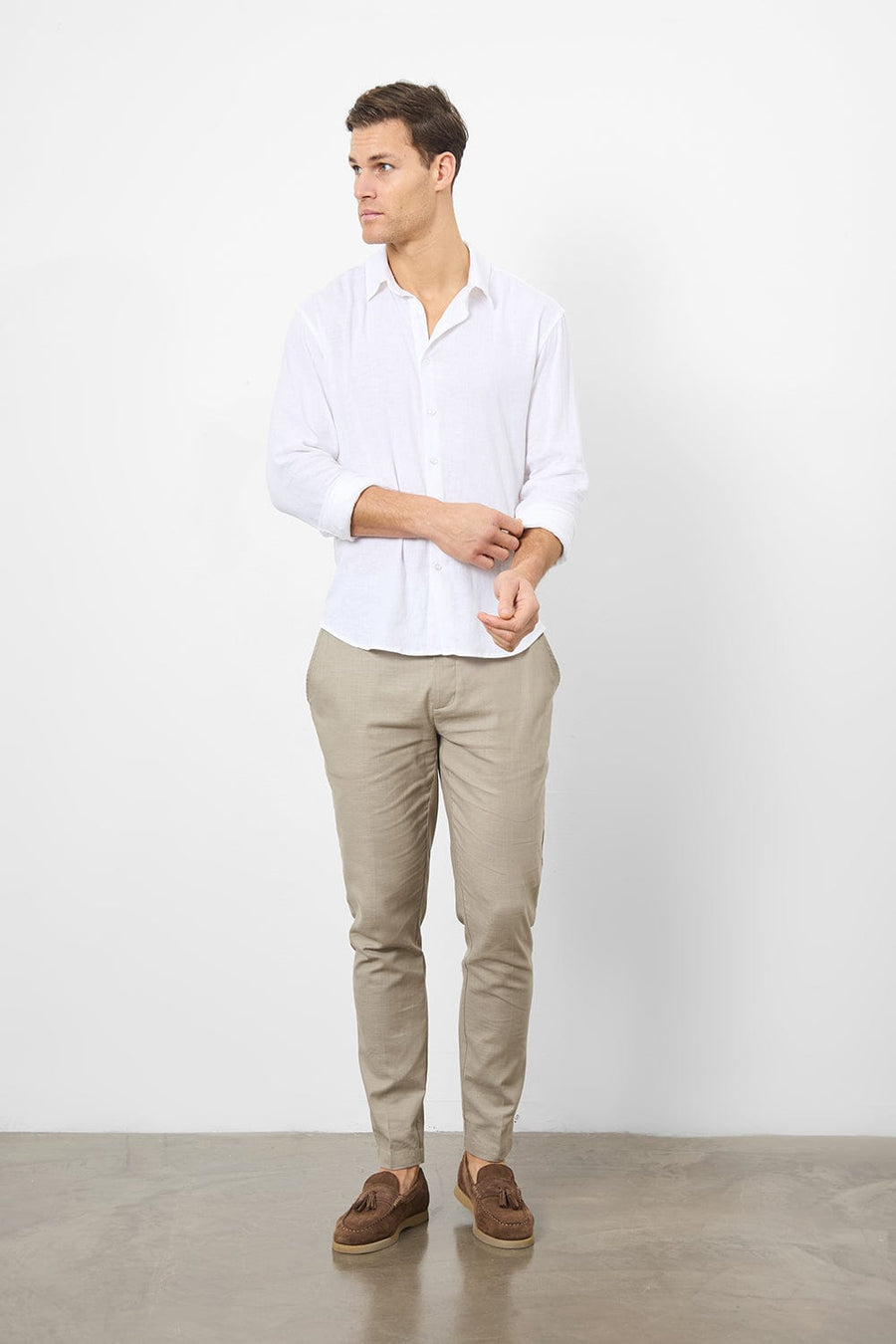 Linen Blend Button Through Shirt in White - TAILORED ATHLETE - USA