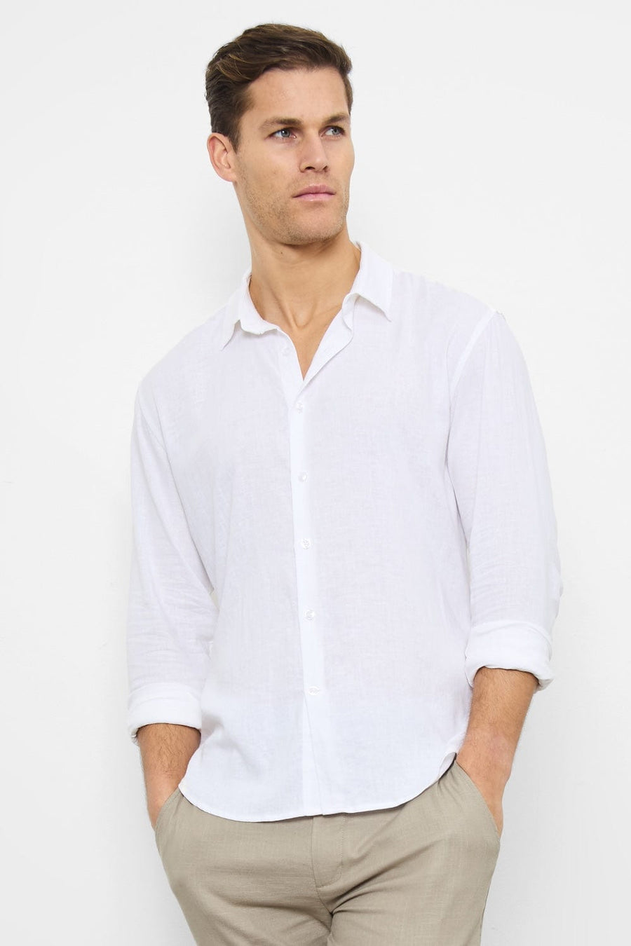 Linen Blend Button Through Shirt in White - TAILORED ATHLETE - USA