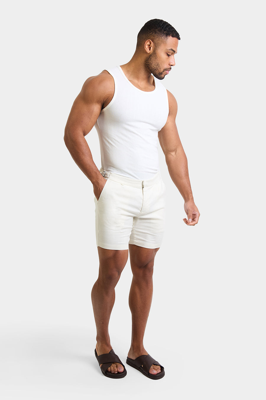 Linen Blend Side Adjuster Shorts in Chalk - TAILORED ATHLETE - USA