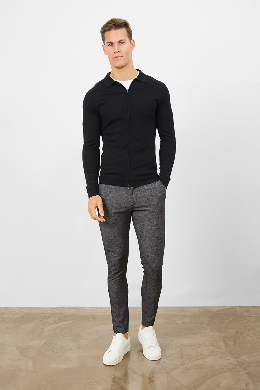 Merino Wool Full Zip Through Cardigan in Black - TAILORED ATHLETE - USA