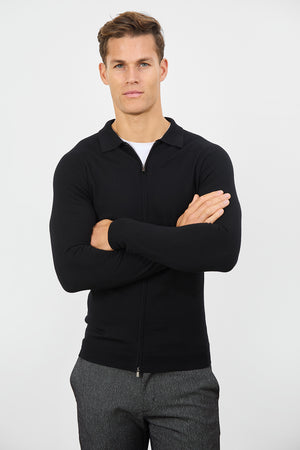 Merino Wool Full Zip Through Cardigan in Black - TAILORED ATHLETE - USA