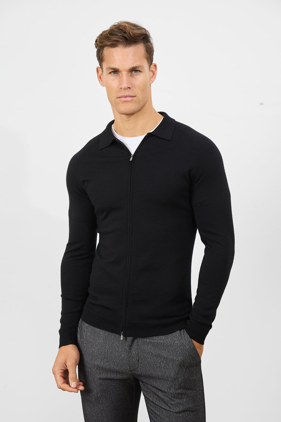 Merino Wool Full Zip Through Cardigan in Black - TAILORED ATHLETE - USA