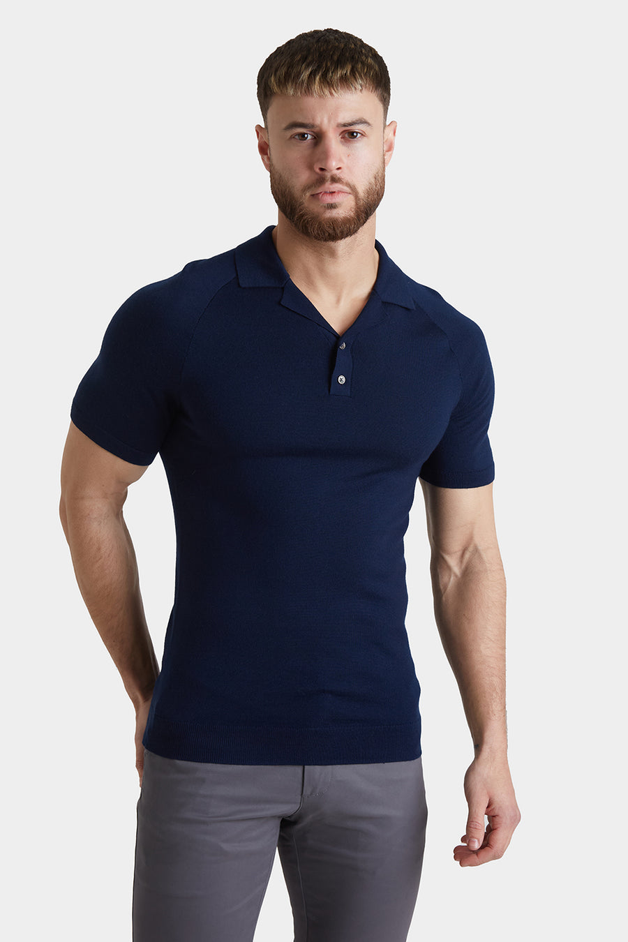 Merino Open Collar Knitted Polo in Navy - TAILORED ATHLETE - USA