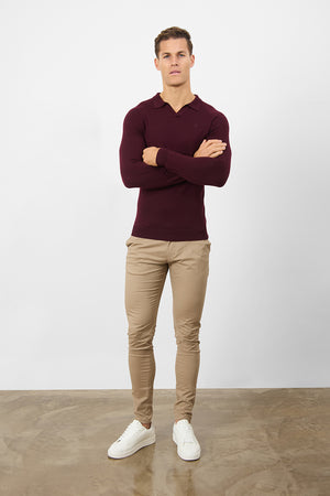 Merino Wool Buttonless Open Collar Polo Shirt in Claret - TAILORED ATHLETE - USA