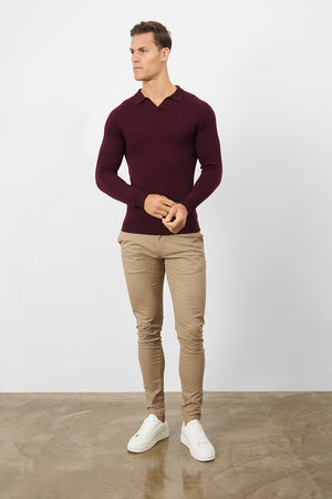 Merino Wool Buttonless Open Collar Polo Shirt in Claret - TAILORED ATHLETE - USA