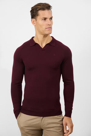 Merino Wool Buttonless Open Collar Polo Shirt in Claret - TAILORED ATHLETE - USA