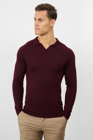 Merino Wool Buttonless Open Collar Polo Shirt in Claret - TAILORED ATHLETE - USA