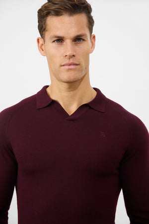 Merino Wool Buttonless Open Collar Polo Shirt in Claret - TAILORED ATHLETE - USA