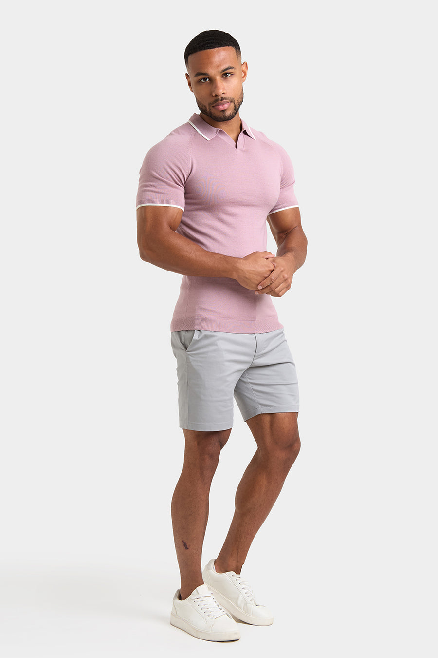 Merino Tipped Open Collar Polo Shirt in Dusky Pink - TAILORED ATHLETE - USA