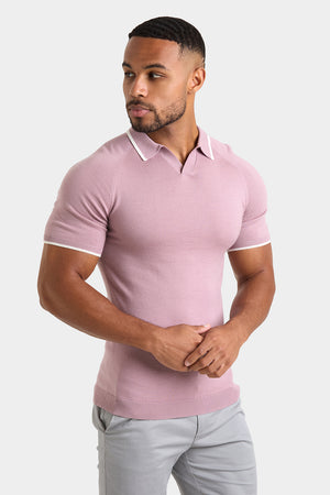 Merino Tipped Open Collar Polo Shirt in Dusky Pink - TAILORED ATHLETE - USA