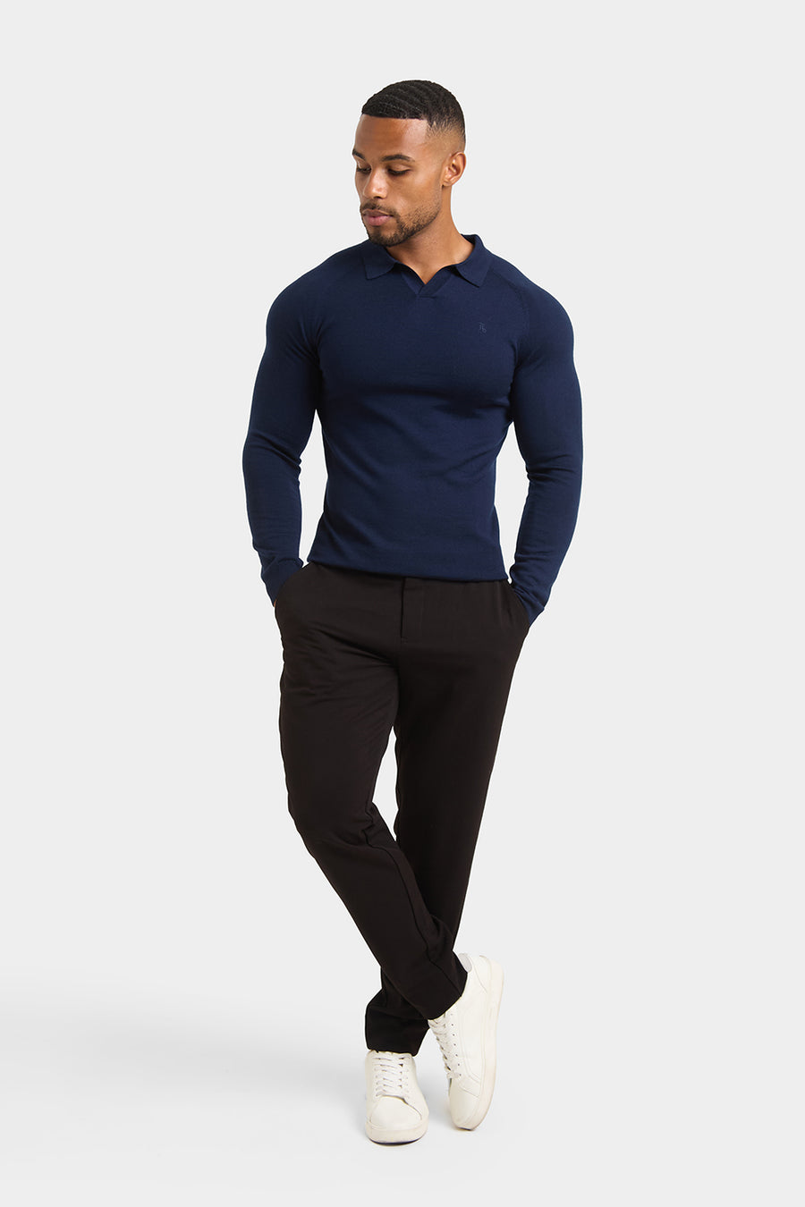 Merino Wool Buttonless Open Collar Polo Shirt in Navy - TAILORED ATHLETE - USA