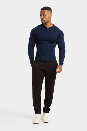 Merino Wool Buttonless Open Collar Polo Shirt in Navy - TAILORED ATHLETE - USA