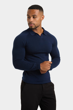 Merino Wool Buttonless Open Collar Polo Shirt in Navy - TAILORED ATHLETE - USA