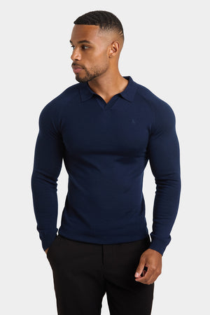 Merino Wool Buttonless Open Collar Polo Shirt in Navy - TAILORED ATHLETE - USA