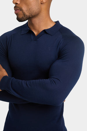 Merino Wool Buttonless Open Collar Polo Shirt in Navy - TAILORED ATHLETE - USA