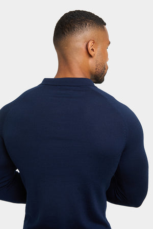 Merino Wool Buttonless Open Collar Polo Shirt in Navy - TAILORED ATHLETE - USA