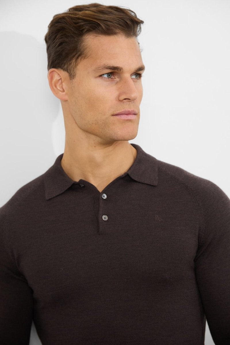 Merino Wool Polo Shirt in Bitter Chocolate