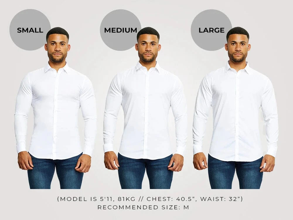 Muscle fit sizing image showing accurate size guide for a perfect fit and tailored look