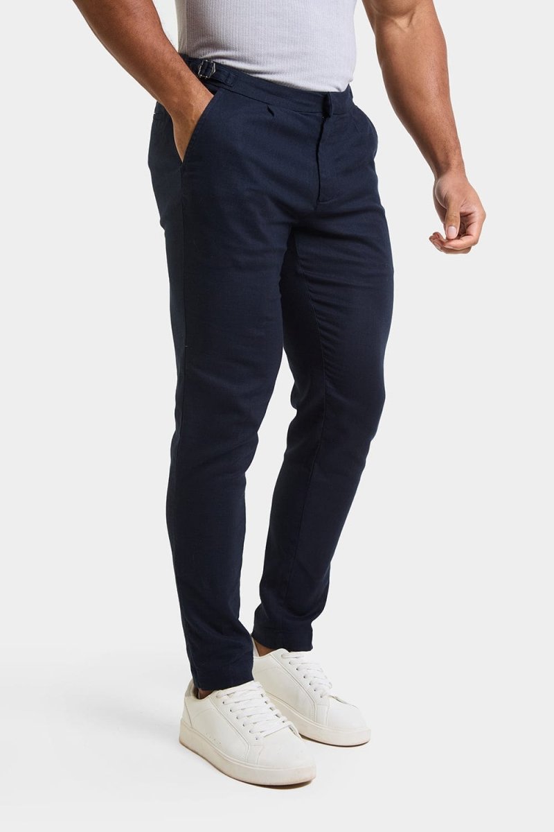 Linen Blend Cropped Pleated Pants in Navy